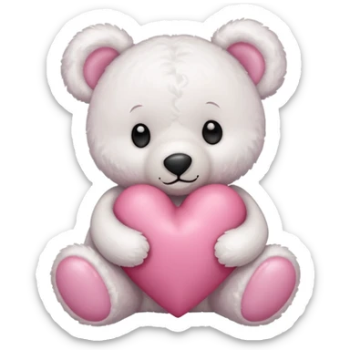 white teddy bear with pink bow hugging pink heart sticker