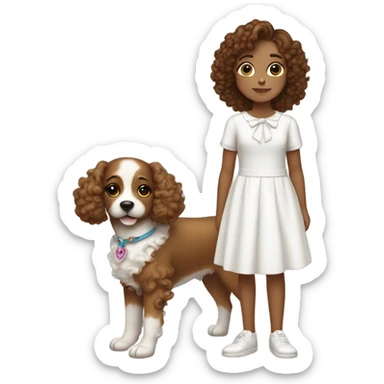 Girl with brown curly hair with bow in hair wearing cute white dress with a dog sticker
