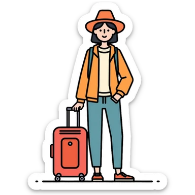 Asian tourist with suitcase, travel outfit sticker