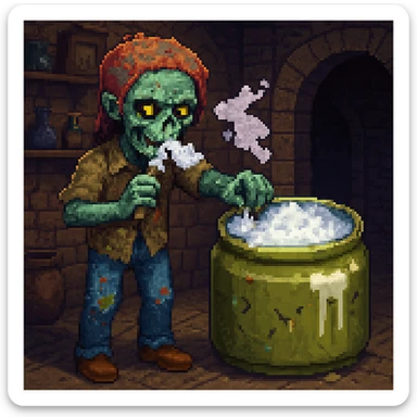 A zombie sniffing white powder with a background in the style of a pixel art sticker