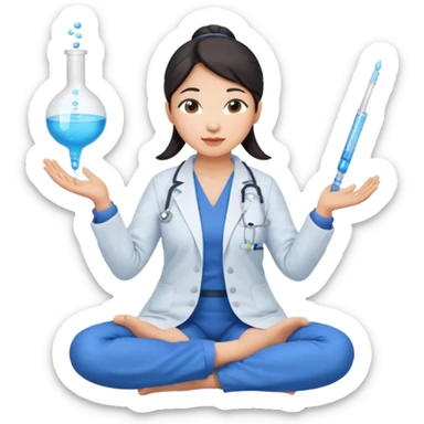 emoji of an asian woman with a single bun in a blue lab coat sitting cross legged with dna levitating above one hand and a micropipette above the other hand sticker