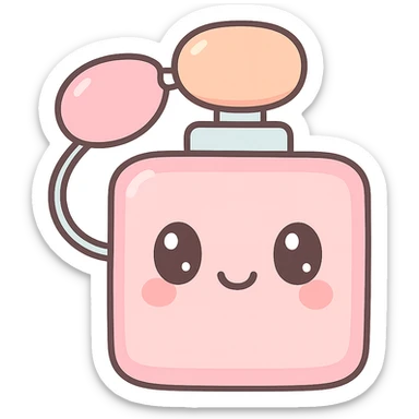 perfume bottle, playful and cute, kawaii style, smiling face, bright colors sticker