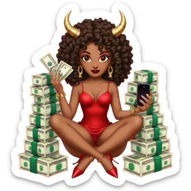 seductress evil brown curly haired sexy drug lord woman with  glitter platform high heels on her feet,  and devil black horns on her head, holding a stack of cash, has a phone in other hand. Sitting on  Cases of drugs. Goddess evil sticker