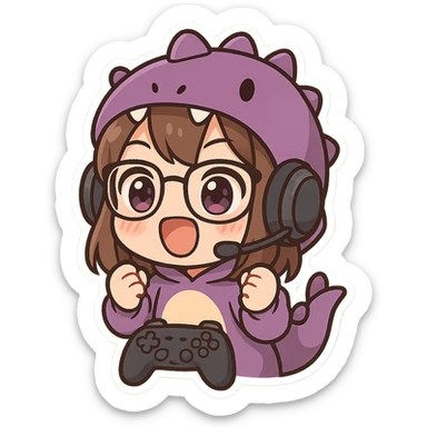 chibi anime style gamer girl with glasses, brown hair, dark purple eyes, wearing a purple dinosaur costume, making an excited emote sticker