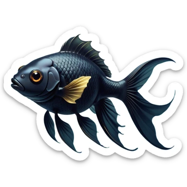 Cinematic Noble Black Goldfish Portrait Emoji, Poised and regal, with a sleek, streamlined build and a lustrous, deep black body, deep-set soulful golden eyes, Simplified yet sharp and sophisticated features, highly detailed, glowing with a soft, dignified glow, high shine, intelligent and graceful, stylized with an air of aquatic elegance, focused and attentive, soft glowing outline, capturing the essence of a watchful and confident aquatic companion, so majestic it feels as though it could glide out of the screen with effortless authority! sticker