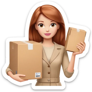 Barbie, shoulder-length reddish-brown hair, holds a package box, Barbie is wearing beige and brown colored clothes sticker