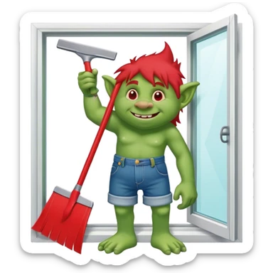 Troll wearing jorts cleaning a window using red squeegee sticker