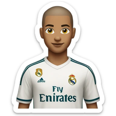 Young soccer player who takes an ID photo with a buzz cut hair with real madrid jersey, apple style sticker