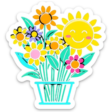 flowers in garden with sun with inscription Good morning  sticker
