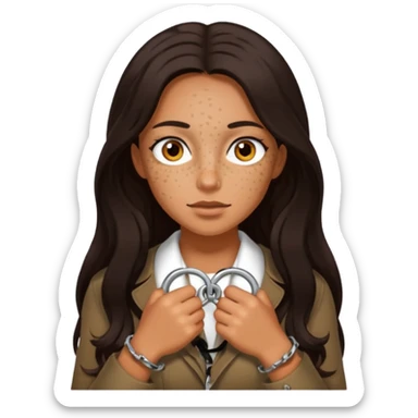 Tan skin with freckles, long dark hair, hazel eyes Dominatrix with handcuffs sticker