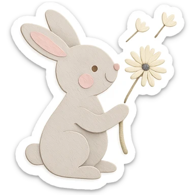 bunny holding a dandelion in the breeze, gentle spring vibe, soft pastel colors, paper-craft style sticker