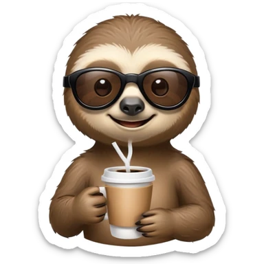 Create a high-quality emoji-style cartoon character of a smiling sloth named Sam. He wears black sunglasses and holds a small fuel nozzle in one hand, and a coffee cup in the other. The expression is relaxed and confident. The emoji should have a clean, minimal outline and be optimized for small size display. Transparent background. sticker