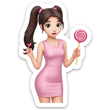 Girl with long dark ponytails wearing light pink bodycon dress holding a lollipop sticker
