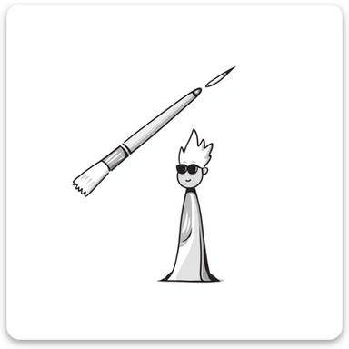 A paintbrush morphing into a silver metal human figure emblem sculpture, representing artistic identity, with a shiny silver finish sticker