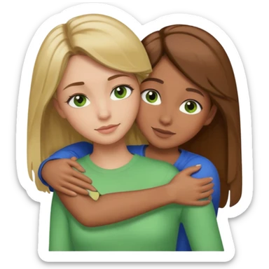 Maman cheveux marrons yeux marrons et fille cheveux blond yeux verts qui se font un câlin  sticker