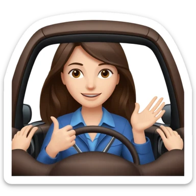 Brunette long hair driving car like crazy. Happy face confidence  sticker