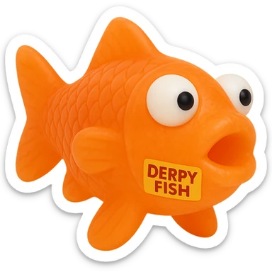 Make the Derpy Fish bright orange with a retro 90's toy look. The fish should have derpy eyes, appear soft plastic with soft reflections, soft and squishy texture, some cloudiness, not shiny, highly detailed, and appealing. Keep it somewhat transparent, matching the color and transparency of the provided reference image as closely as possible. Include the 'DERPY FISH' tag. No background. sticker