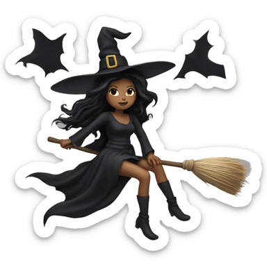 dark long hair witch flying on a broom white skin sticker