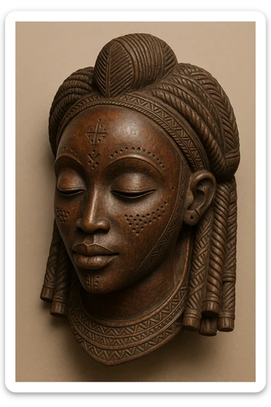 Mwana Pwo mask, Cokwe tribe, Angola, detailed wood carving, elegant feminine face, scarification marks, traditional African art, plain background sticker
