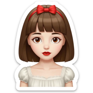 pale girl with chest-length straight brown hair, bangs above the eyebrows covering the forehead, brown almond-shaped eyes, red lips, V-shaped face, small thin nose, wearing a white bouffant dress sticker