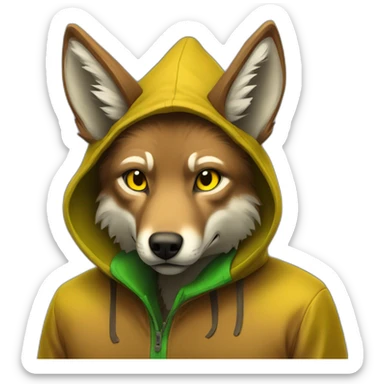 brown coyote with yellow eyes and a green hood that sadly sticker