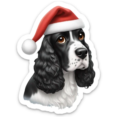 black and white english cocker spaniel with spots on nose and santa hat sticker