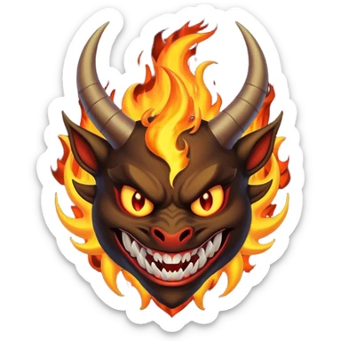 Create a dark-themed emoji of a demonic face with sharp, curved horns, glowing white eyes, an evil grin with large pointed fangs, and abstract flame-like patterns around the face.  sticker