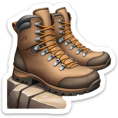 Cinematic Realistic Hiking Boots, well-worn leather boots resting on a rocky trail, scuffed edges and dirt-speckled laces adding character, glowing softly under the dappled sunlight filtering through the trees. sticker