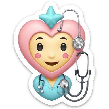 Cute pastel emoji of a smiling heart wearing a stethoscope like a hug, tiny brain inside, little sparkle star, soft glow, rounded edges, cozy and aesthetic. sticker