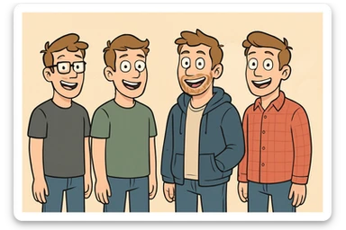 four casual style Adams standing next to each other, smiling sticker