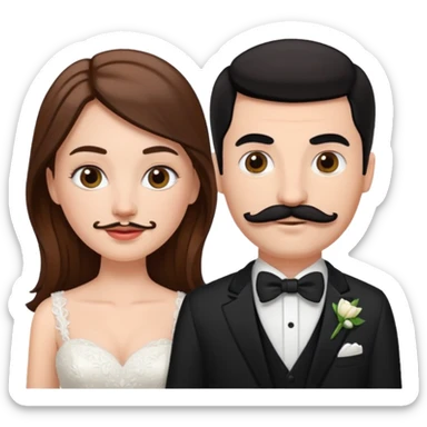 White girl brown hair bride and white black hair groom with moustache sticker