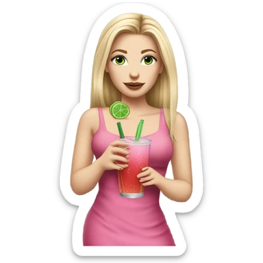 Realistic White girl with Long straight blonde hair, green eyes, tattoos, full body wearing dress and High heels, holding pink drink sticker