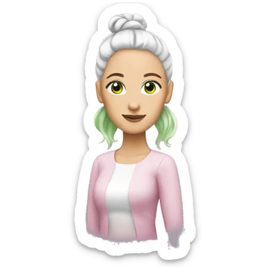 woman with white and pink hair in buns.  She has green eyes. sticker