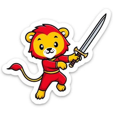 gold colored long sword with deep red handle and a gold lion on the end of the handle sticker