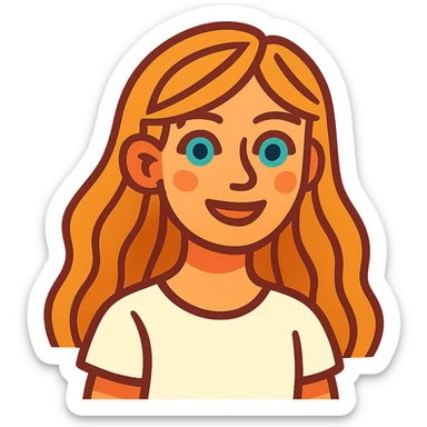 girl with long dirty blond hair, blue eyes, wearing a white top in vibrant toon style sticker