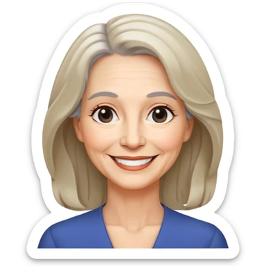 "- Nữ
- 60 tuổi
- Da trắng
- Tóc ngang vai, xoăn nhẹ
- Mặt cười, mắt đen sticker