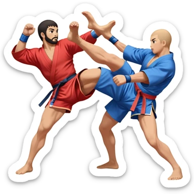 An icon symbolizing Sambo, featuring two fighters in blue and red kimonos with shorts and wrestling shoes. One executes a powerful throw, while the other attempts a defensive grab. The fighters are engaged in a grapple, using joint locks and sweeps.  sticker