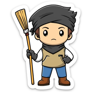 Levi Ackerman cleaning with bandana over hair, gloves, holding broom, annoyed expression sticker