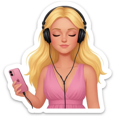 girl blonde long hair in pink dress listen to music rock and roll on black headphones on head connect to pink iphone max pro and hold on headphones on head with right hand sticker