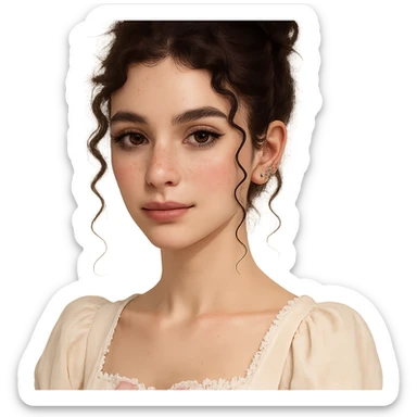 Portrait of a cute white-skinned girl with a V-shaped face and slim build, dark brown curly hair up to shoulder blades styled in a messy bun with two curly strands and a mini curl in front of each ear. Large almond-shaped brown eyes with a neutral to positive gaze, very long lashes, subtle straight brown eyeliner, brown waterline. Medium Greek nose, straight and slightly thick brown eyebrows, medium lips with light brown lipstick. Noticeable cute pink blush, few freckles on cheeks and nose, wearing coquette style clothing. Piercings: 1, 2, 3 lobes, helix and tragus on each ear. Neutral background. sticker