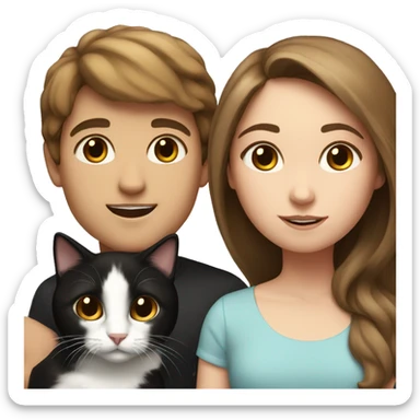 Girl and boy with brown hair and black and white cat sticker