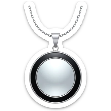 onyx pendant with mirror-like surface, suspended from a shimmering silver chain, radiating quiet magic sticker