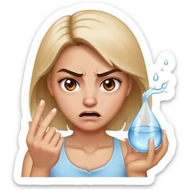 Laura Burton very angry holding a water sticker