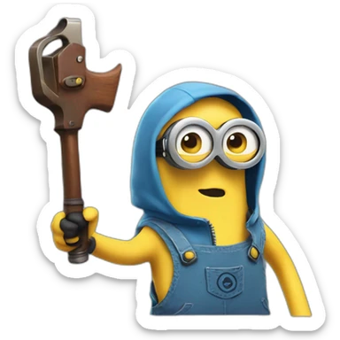 a minion in a blue sleeveless shirt with a hood on his head there is no face only glasses and eyes and there are pistols in both hands sticker