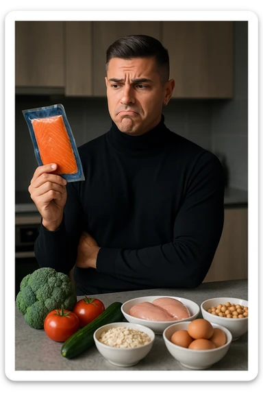 a man stands in his kitchen, holding a package of smoked salmon in one hand. He looks at it with a doubtful, slightly disapproving expression—eyebrows raised and lips pressed together. On the counter behind him, fresh vegetables and healthier protein options are visible, emphasizing his awareness of better choices. The mood is reflective and subtly critical. sticker