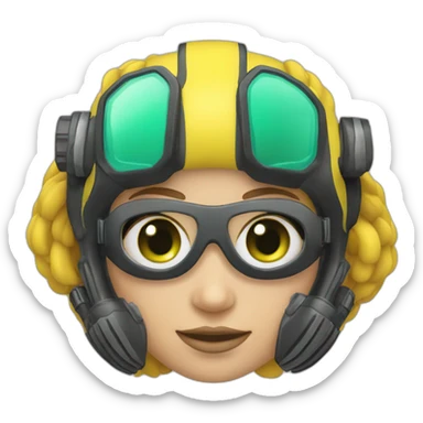 woman scubadiver with diving fins, in her face green and blue eyes sticker