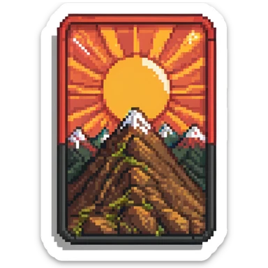 A pixel art icon with a red rectangle, rounded corners, white sub-rectangle with black border, black mountains, sun, and four red stripes. sticker