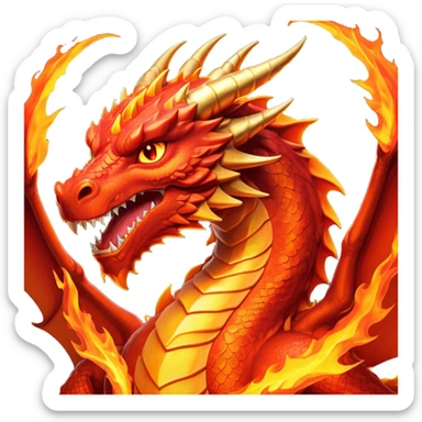 cinematic-noble-fierce-fire-dragon-portrait-emoji,-poised-and-imposing,-with-a-muscular,-scaled-body-ablaze-in-fiery-hues-of-crimson,-molten-orange,-and-molten-gold,-and-intense,-burning-eyes-that-mirror-the-heart-of-a-volcano;-rendered in detail sticker