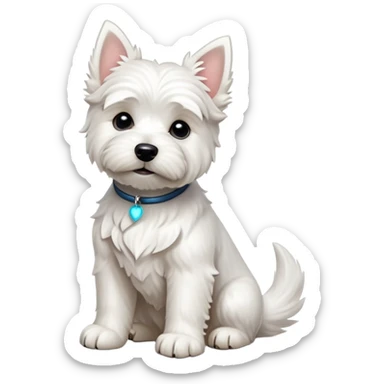 cinematic-[west highland white terrier]-realistic-full-body-sitting-emoji,-tail-resting-loosely-beside-its-paws,-head-tilted-dramatically, dooped ears -wavy-[white-fur,-simplified-yet-realistic-focused-features,-highly-detailed,-glowing-with-an-almost-sarcastic-glow sticker