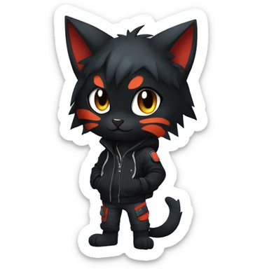 Edgy Shy Anthro boyish cool pretty dark black Litten-Pokémon-cat-fursona techwear sticker